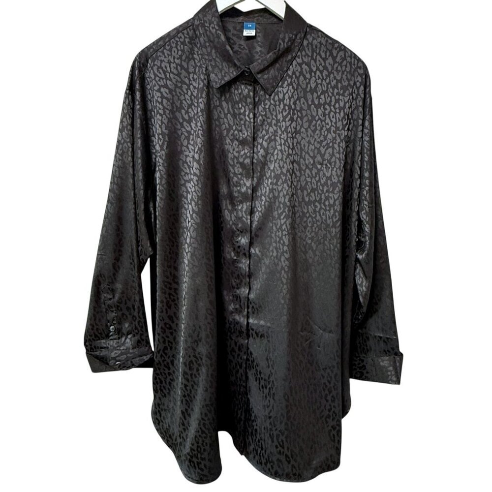 OLD NAVY Blouse Plus Size 2X Black Satin Leopard Long Sleeve Buttonup Shirt NWOT